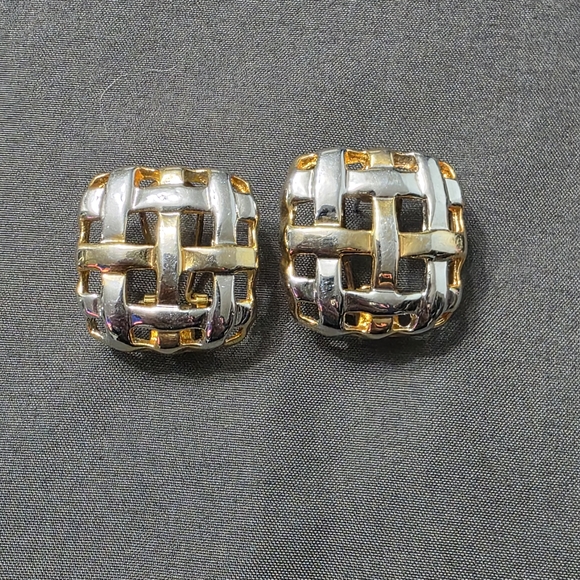 Estate Jewelry - Estate - Gold/Silver Tone - Basket Weave Earrings - Omega Backs - Item 512